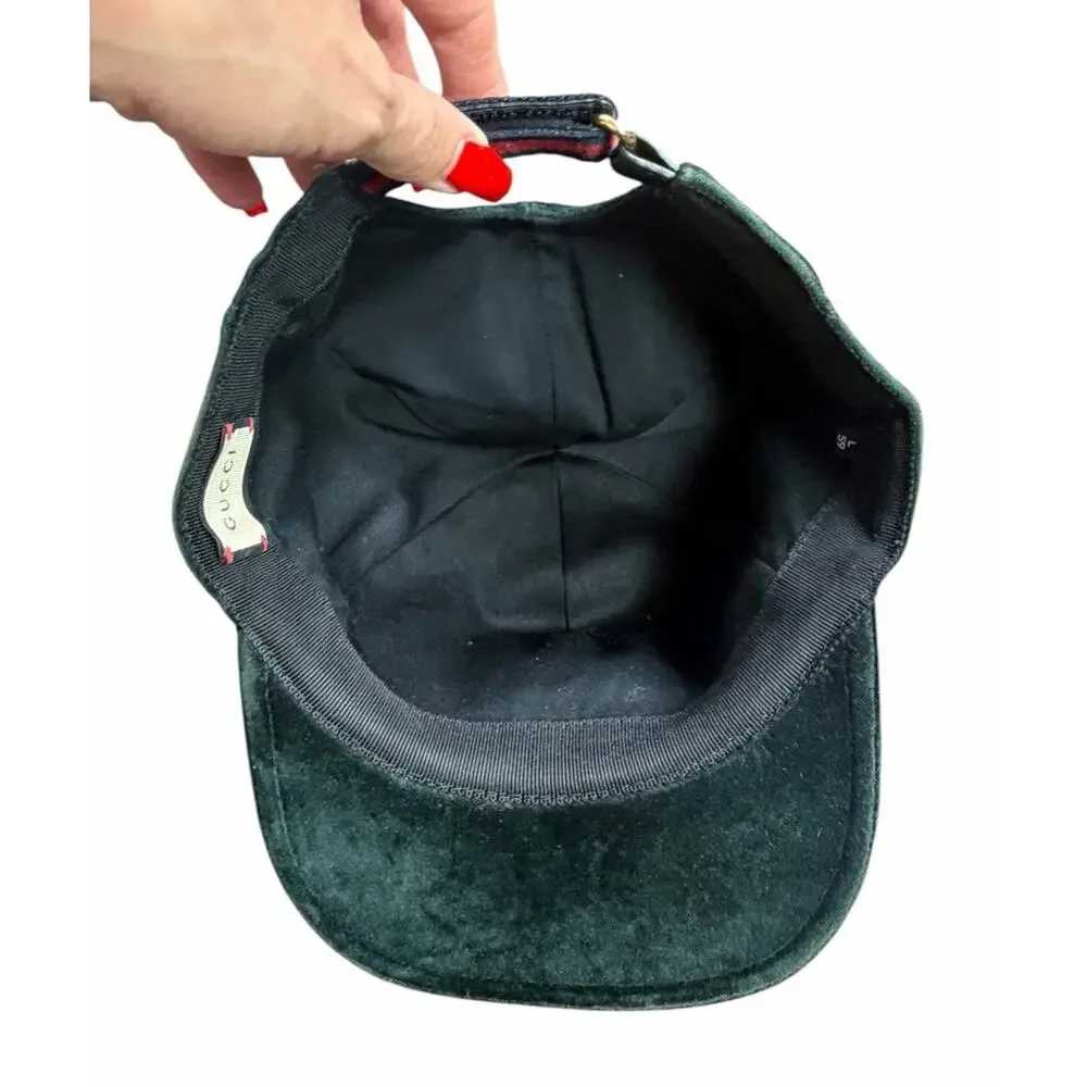 Gucci L/59 Green Soft Velvet Bee Crest Label Snapback Cotton Baseball Cap EUC